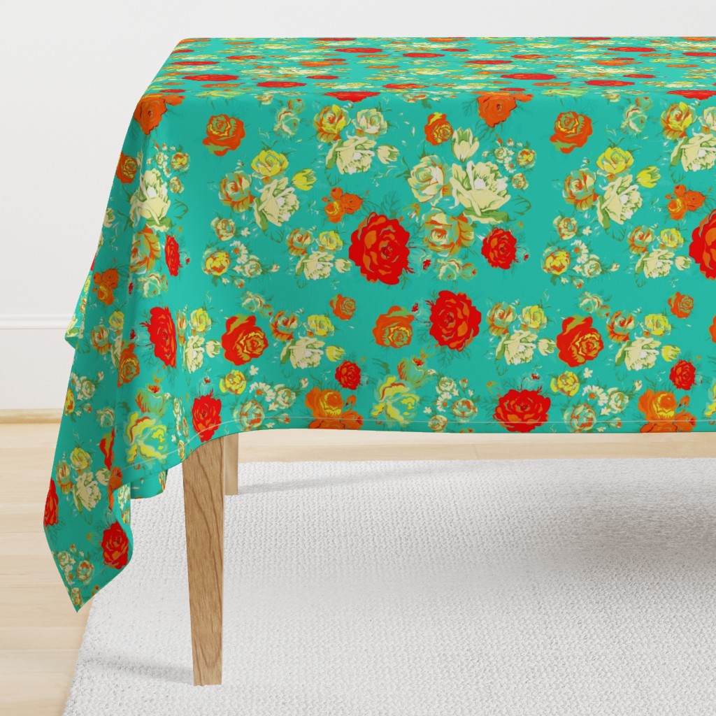 Yellow and Red Roses on Turquoise