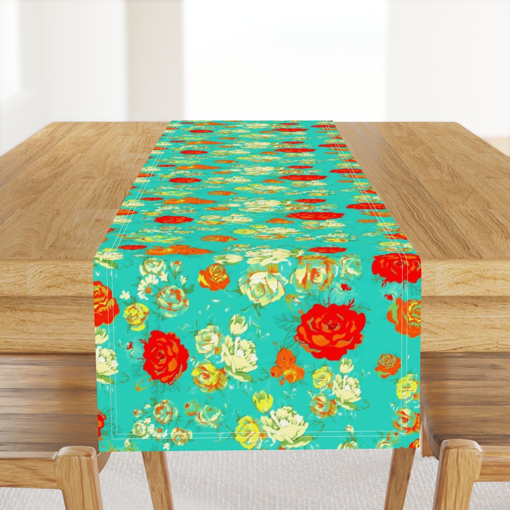 Yellow and Red Roses on Turquoise