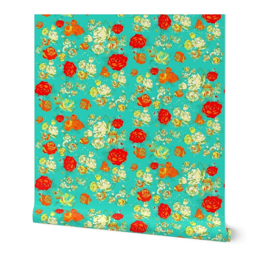 Yellow and Red Roses on Turquoise