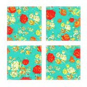 Yellow and Red Roses on Turquoise