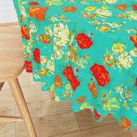 Yellow and Red Roses on Turquoise