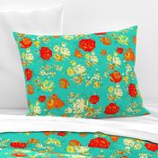 Yellow and Red Roses on Turquoise