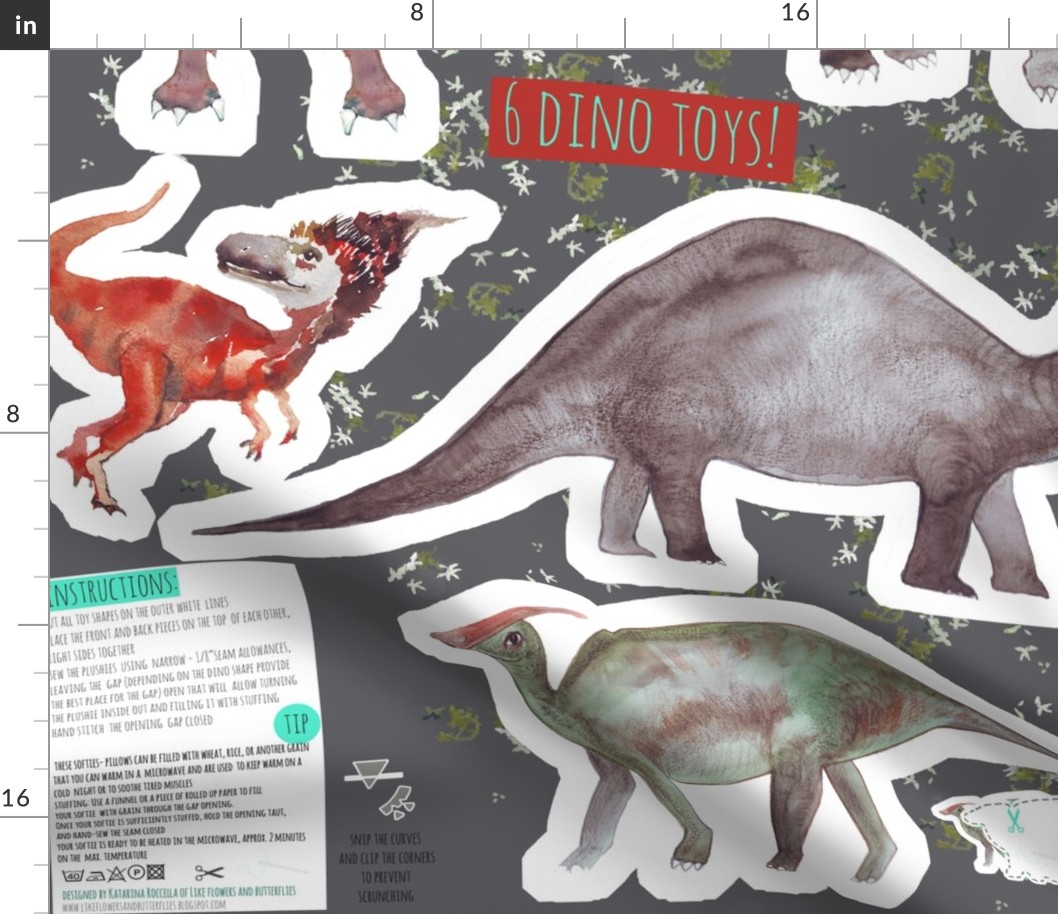 6 dinosaur softie toys - cut and sew pattern-template