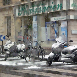 Motorcycles in the Snow on March 12 in Paris