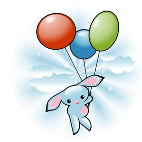 Cute Blue Bunny Flying With Balloons