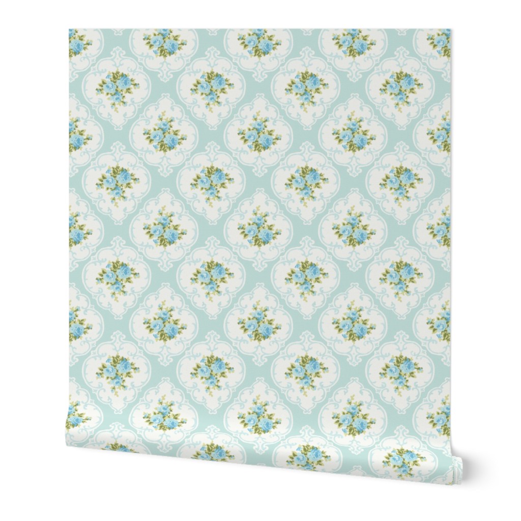 Aqua Cameo Roses by paris bebe fabrics