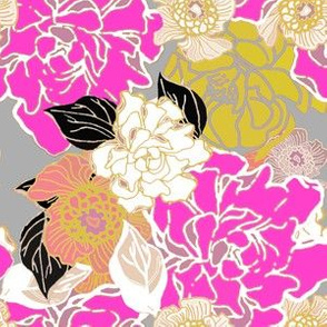 Jungle Passion Floral Pink Gold and Gray