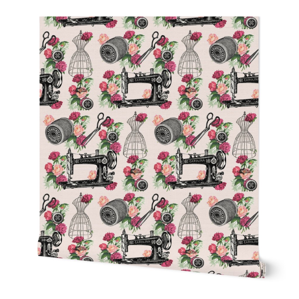 Vintage Sewing and Roses on PInk