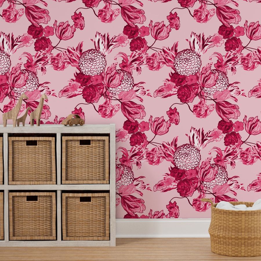 Mid Century Modern Floral ~ Pink and Wallpaper | Spoonflower