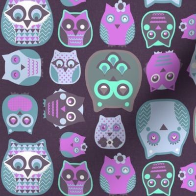 owls pink blue grey