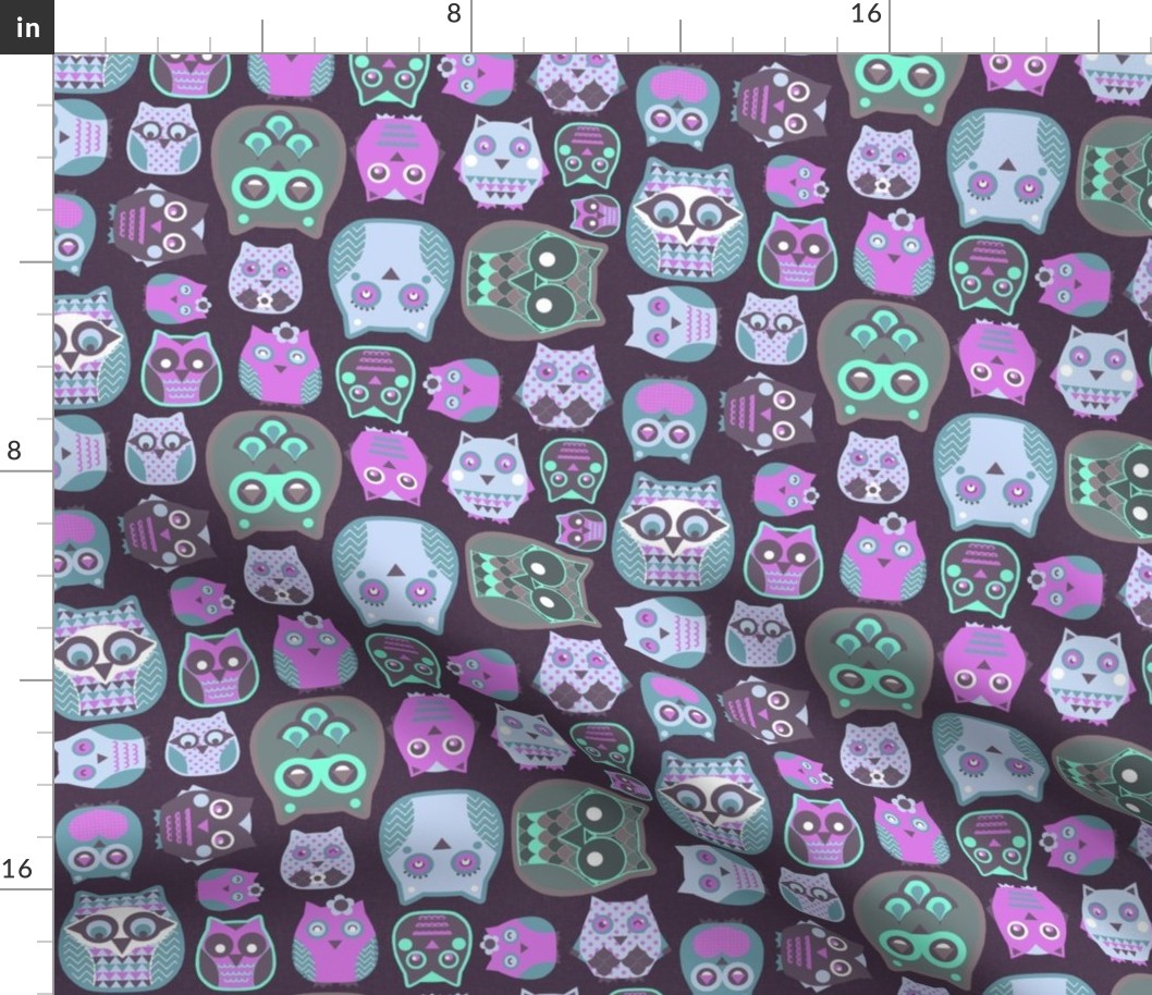 owls pink blue grey