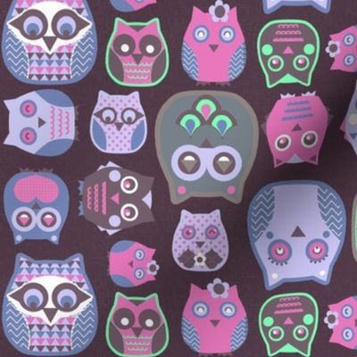 owls pink violet green