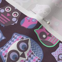 owls pink violet green