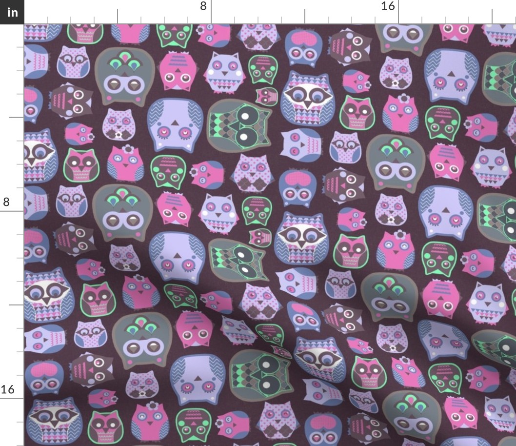 owls pink violet green