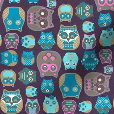 owls pink blue mustard