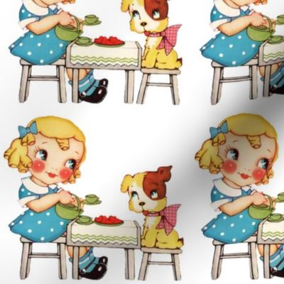 Tea Time Vintage Girl with Puppy Dog