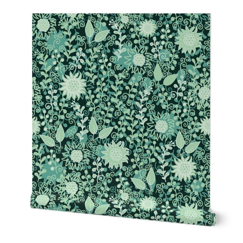 Night flowers, green floral pattern