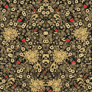 Exotic golden floral pattern with tiny hearts