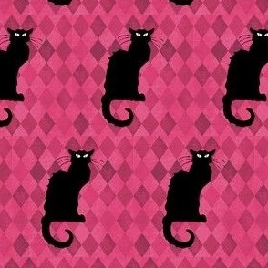 Le Chat Noir on Pink Black Cat Harlequin Diamonds