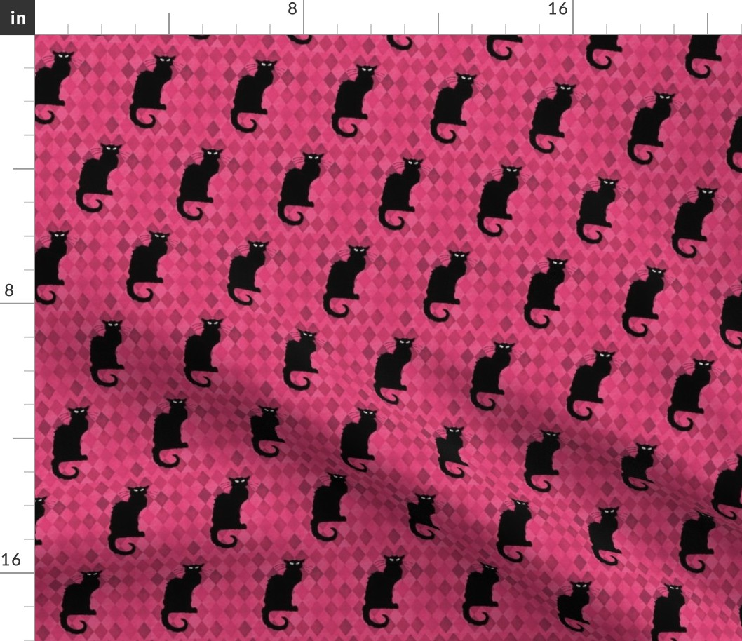 Le Chat Noir on Pink Black Cat Harlequin Diamonds