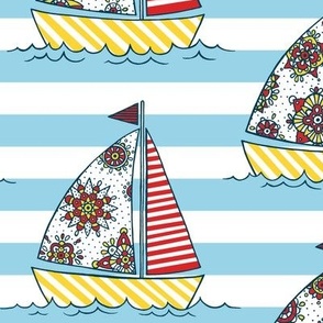 Colorful sailboats with floral doodles and stripes