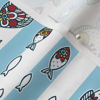 Intricate doodle fish and nautical stripes