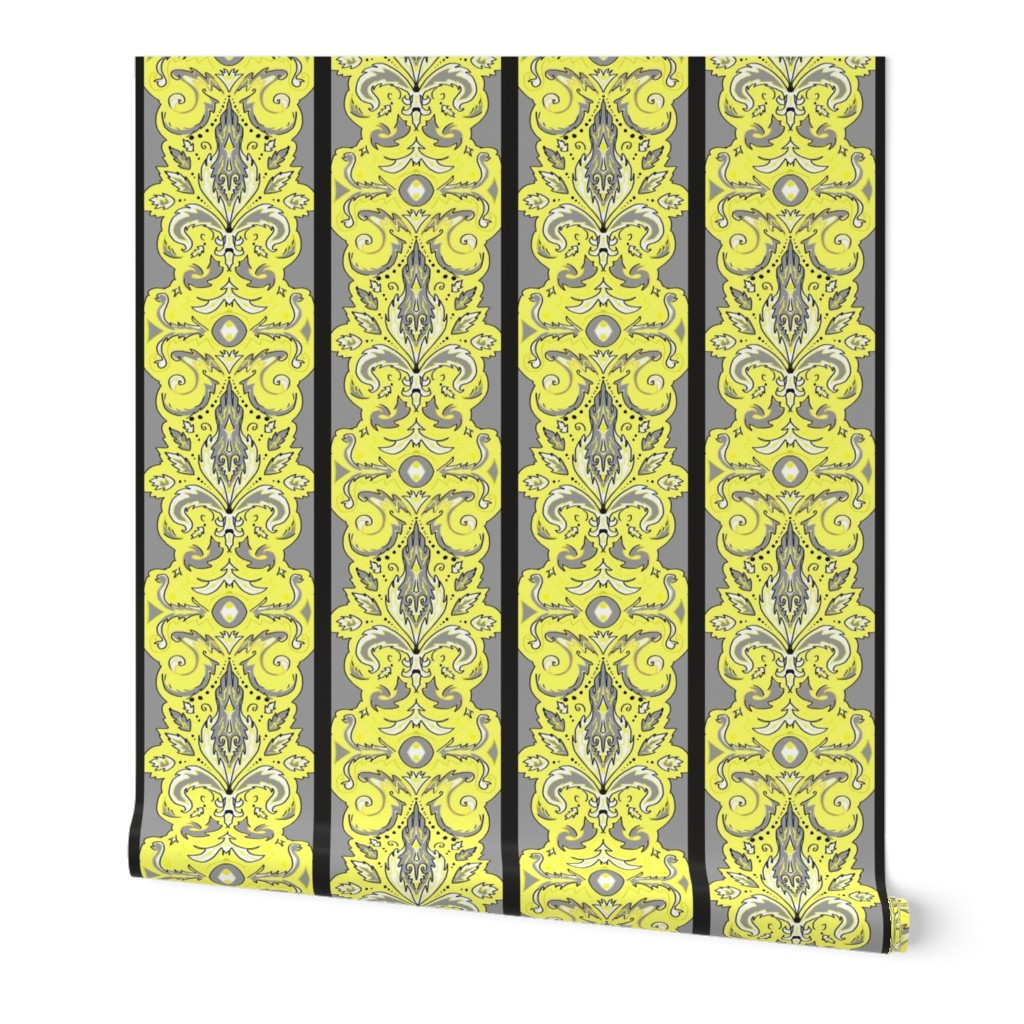 Canary and Grey damask stripe