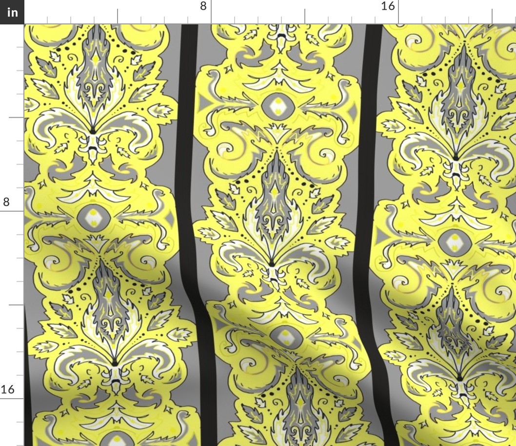 Canary and Grey damask stripe