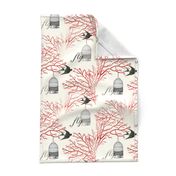 Vintage Birdcage and Swallows Red Branches Design