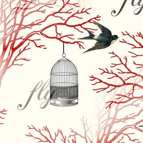 Vintage Birdcage and Swallows Red Branches Design