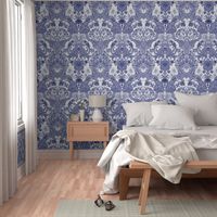 Parrot Damask ~ Blue and White ~ Centered Birds