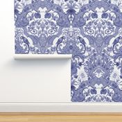 Parrot Damask ~ Blue and White ~ Centered Birds