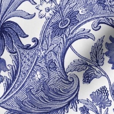 Parrot Damask ~ Blue and White ~ Centered Birds