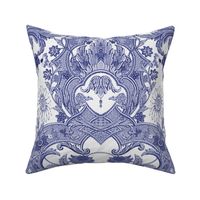 Parrot Damask ~ Blue and White ~ Centered Birds