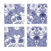 Parrot Damask ~ Blue and White ~ Centered Birds