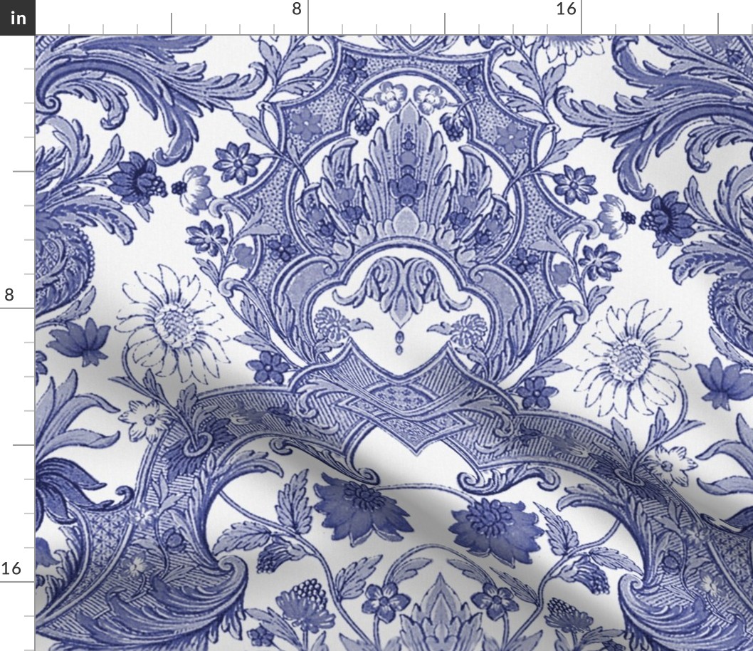 Parrot Damask ~ Blue and White ~ Centered Birds