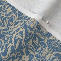 Bird of Paradise - blue and beige linen damask