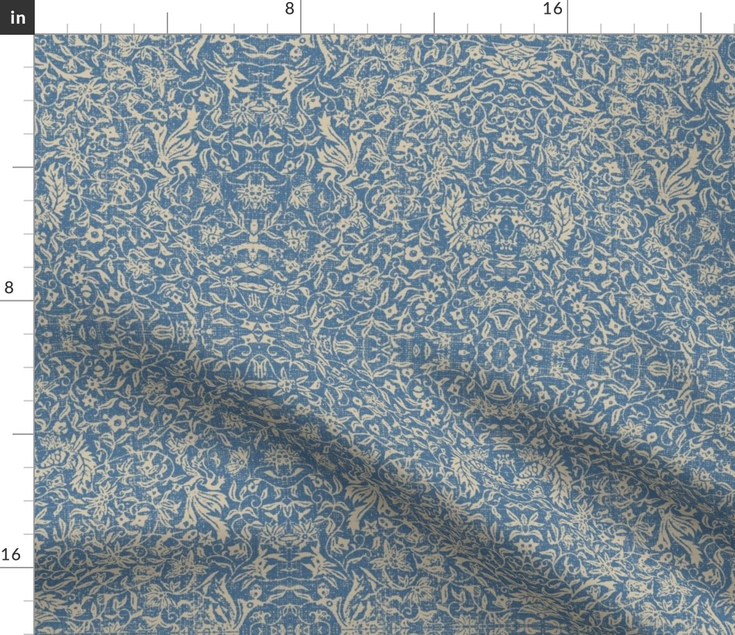 Bird of Paradise - blue and beige linen damask