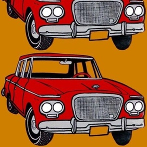 red Studebaker Lark (twin headlight era) on orange background)