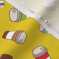 Coffee pattern on yellow background. Cappuccino, latte, espresso design.