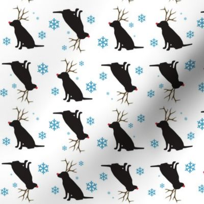 christmas black lab with antlers and snowflakes