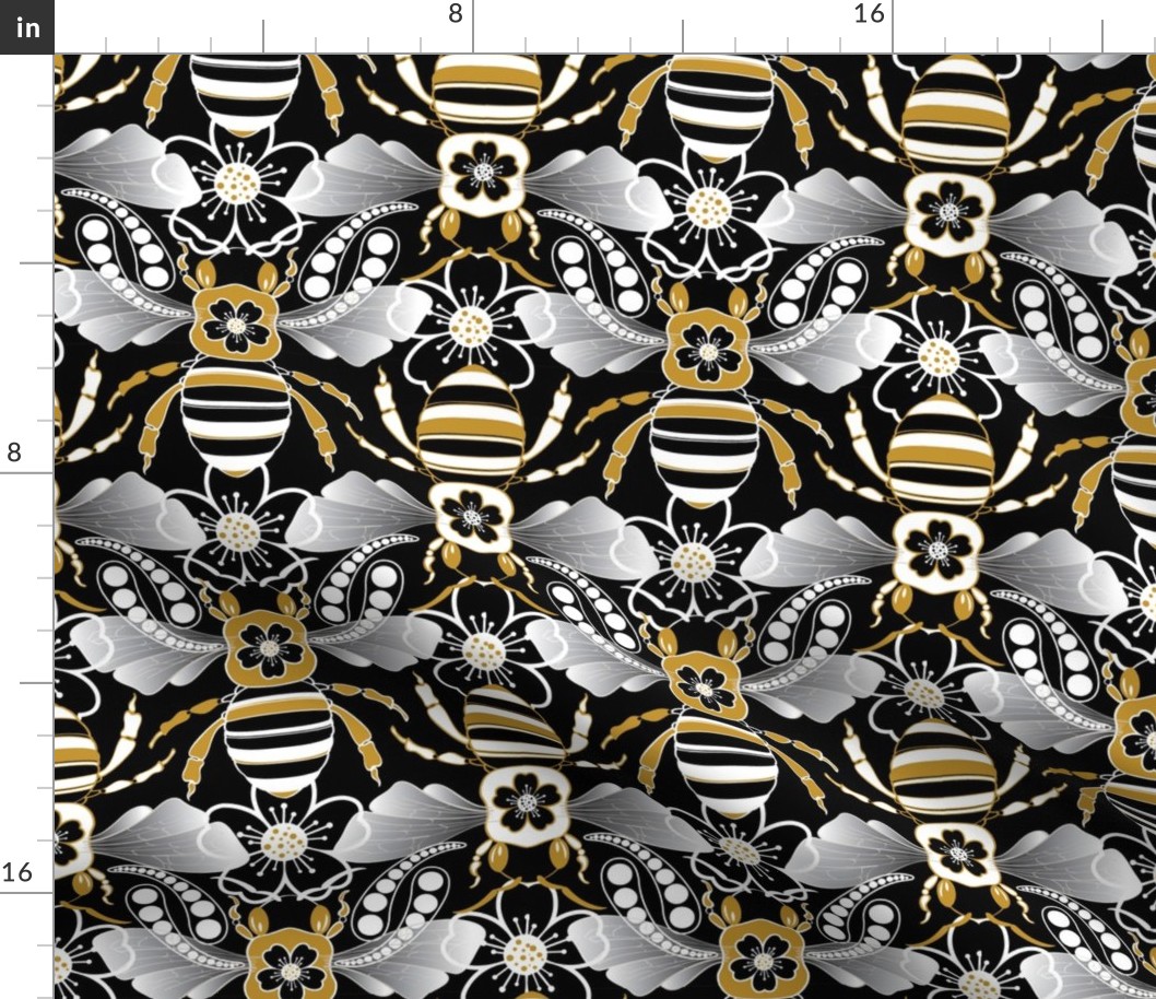 Tribal Bee in Black, Gold, Silver