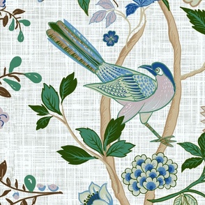 Chinoiserie Chintz on linen wallpaper-blues, greens, neutrals