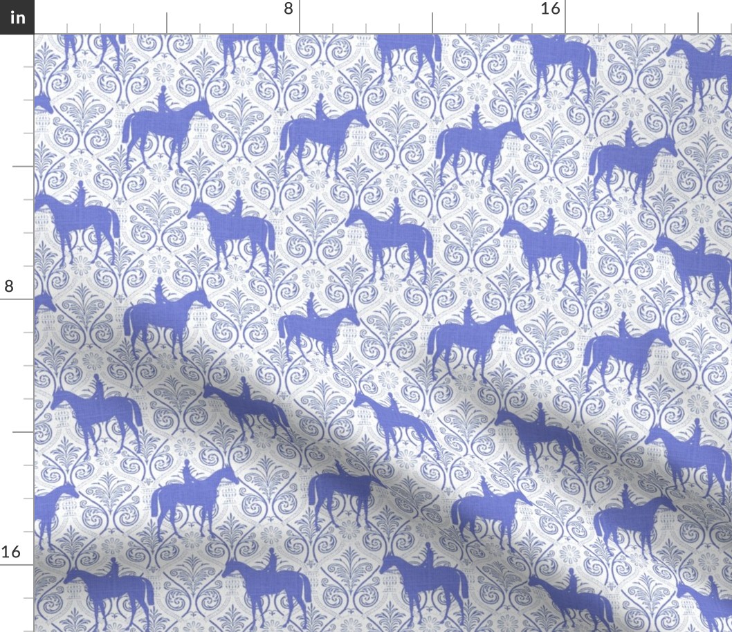 Blue and White horses on trellis