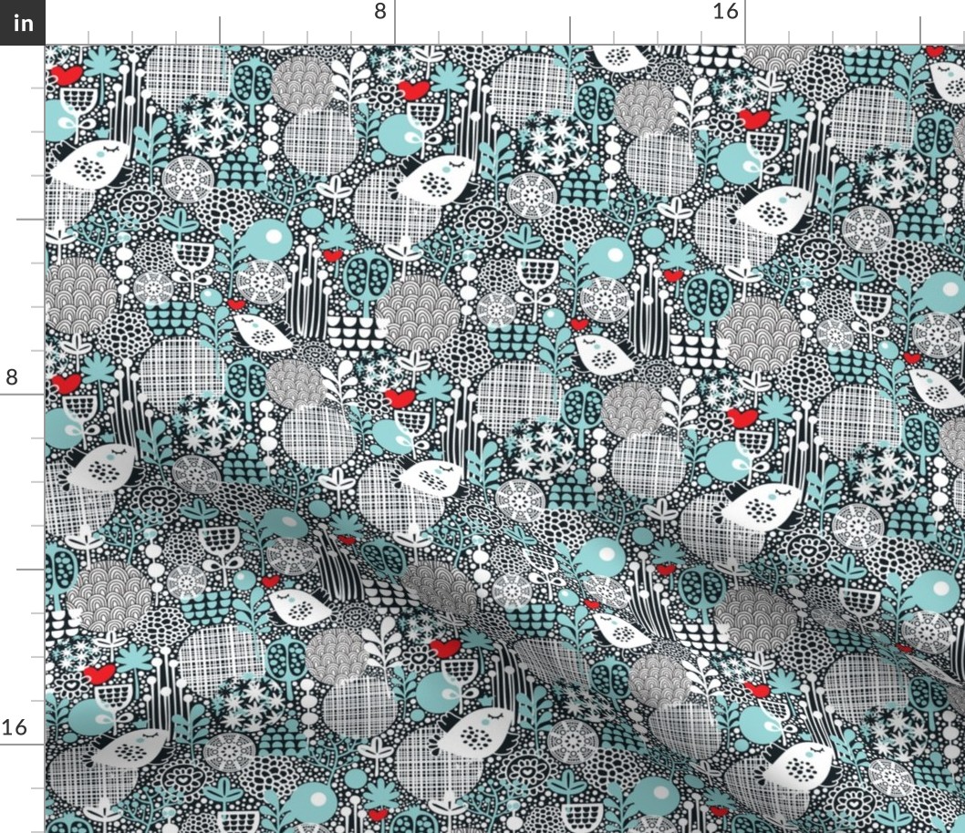 Winter floral pattern with birds