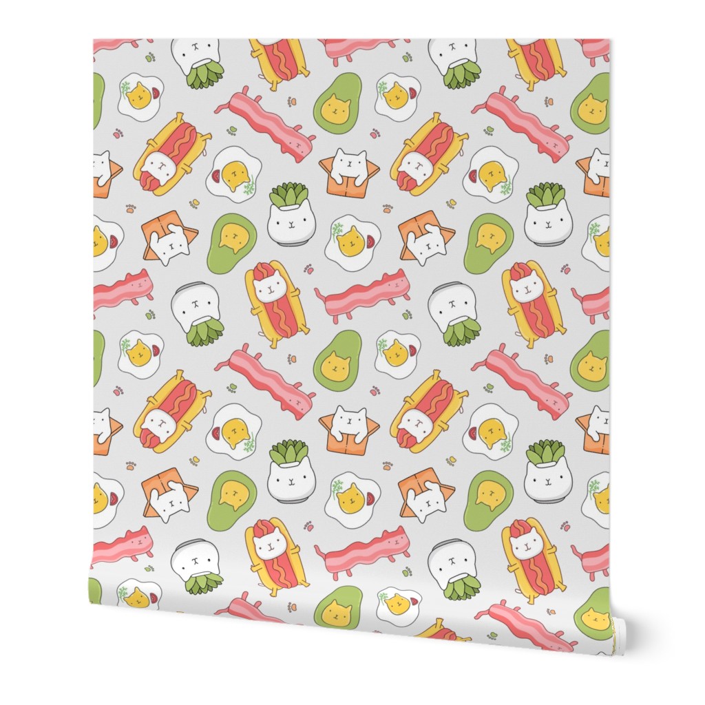 Cat hotdog, succulent,  avocado, egg , bacon. Kawaii yummy food design with funny pet animal.