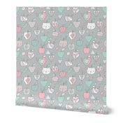 Apples, worms, diamonds and cats. Pastel colors. Food, animals and fruits design