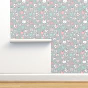 Apples, worms, diamonds and cats. Pastel colors. Food, animals and fruits design