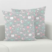 Apples, worms, diamonds and cats. Pastel colors. Food, animals and fruits design