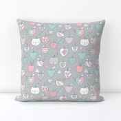 Apples, worms, diamonds and cats. Pastel colors. Food, animals and fruits design